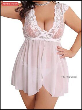 Plus Size Lace Babydoll Chemise V-Neck Mesh Sleepwear Boudoir Nighty with